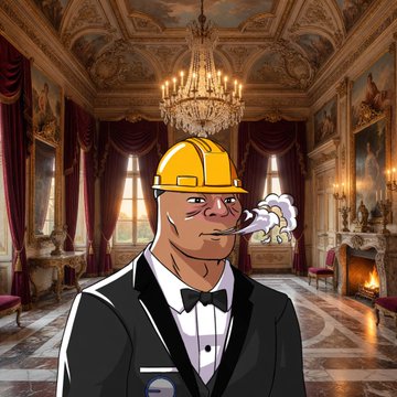 An illustration of a muscular man wearing a tuxedo and a yellow hard hat, smoking a cigar, set against the backdrop of an ornate palace interior.