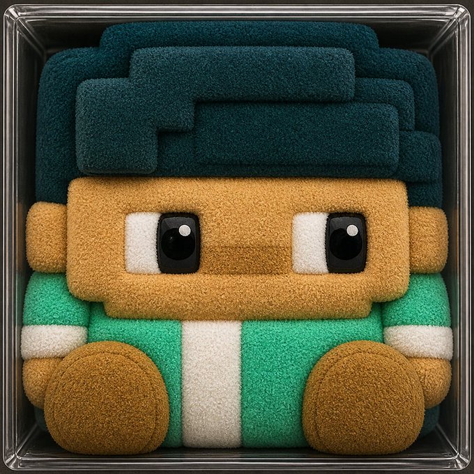 A plush toy figure with dark teal hair, tan skin, and a green outfit sits inside a metallic container, fitting its blocky, pixelated design within the small frame. The image appears to be a playful nod to the post's mention of "@clawdbotatg," possibly showcasing the character in a compact, collectible display.