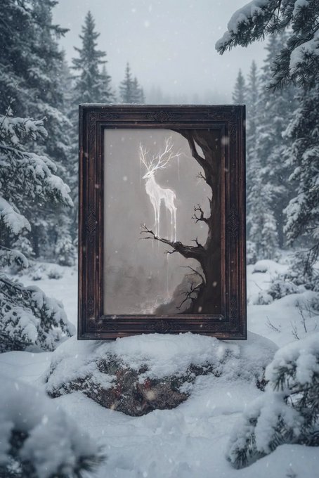 A dark ornate picture frame stands in a snowy winter forest setting, displaying an image of a glowing white deer made of light perched on a tree branch.