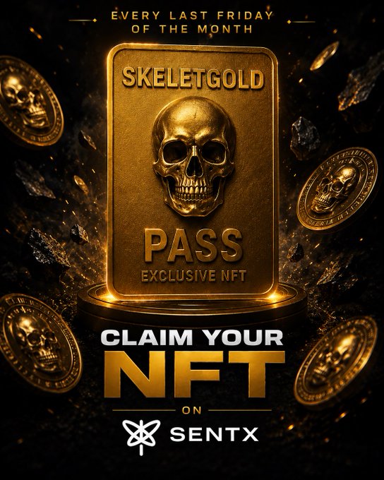The image features an advertisement for SkeletGold Pass, which is an exclusive NFT that allows holders to claim their NFTs from the SkeletGold platform. The poster includes a gold skull as its centerpiece, surrounded by various coins symbolizing the NFTs. The text on the poster reads "It's almost time... The SkeletGold Pass and Elite holders will soon be able to claim their NFTs tomorrow I'll create the mint and I'm adding some real bangers to it Appreciate everyone supporting the movement".