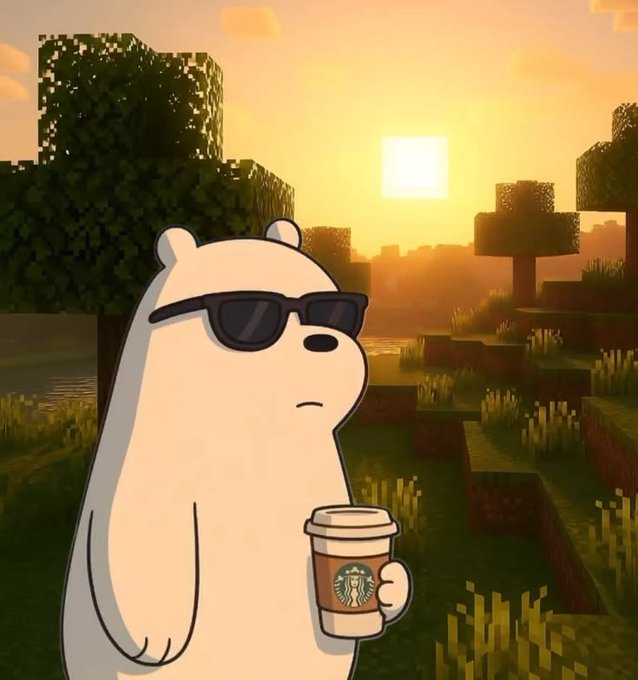 An animated polar bear wearing black sunglasses holds a Starbucks coffee cup in a Minecraft-style landscape at sunset.