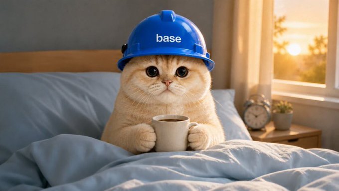 An adorable cat wearing a blue hard hat labeled "base" sits up in bed holding a coffee mug, symbolizing waking up early to the opportunity. The image humorously illustrates the post's message that $BASECAT is still early at a 25M market cap despite Coinbase spot listing and Cobie's buy.