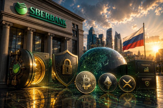 The Sberbank branch stands prominently on the left, with a bank vault, padlock shield, Russian flag, and glowing cryptocurrency coins (Bitcoin, Ethereum, XRP) displayed against a city skyline. A screen on the right reads "TRADING" and "CUSTODY," illustrating the accompanying news that Sberbank is expanding into XRP and crypto trading and custody services.