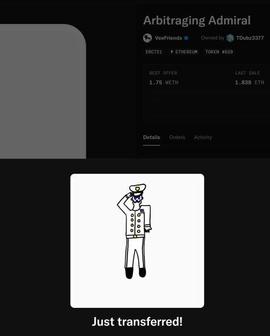 The image shows an OpenSea listing for "Arbitraging Admiral," a VeeFriends ERC721 NFT (#629) on Ethereum, with a best offer of 1.75 WETH and last sale of 1.839 WETH, owned by TDubz3377. Below it, a cartoon admiral character illustration is displayed with a "Just transferred!" notification, illustrating the post's celebration of the NFT's recent ownership transfer to a new VeeFriends Series 1 holder.