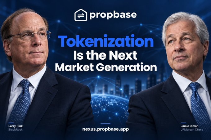 Promotional graphic from Propbase featuring side-by-side portraits of Larry Fink (BlackRock) and Jamie Dimon (JPMorgan Chase) against a networked blue background, with the headline "Tokenization Is the Next Market Generation" and the website nexus.propbase.app.