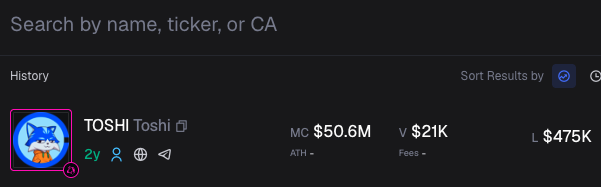 A screenshot of a cryptocurrency search interface showing a result for 'TOSHI Toshi' with a dog icon, displaying MC $50.6M, V $21K, and L $475K.