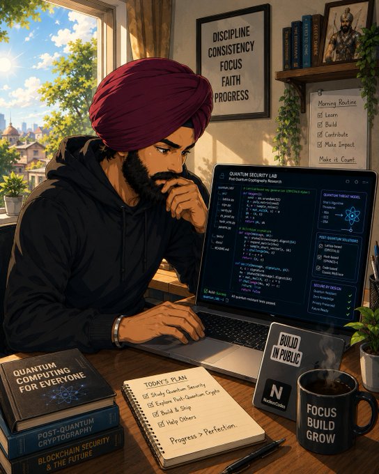 A focused man in a turban works at a desk with "Quantum Security Lab" displayed on his laptop, surrounded by books like "Quantum Computing for Everyone" and a coffee mug reading "FOCUS BUILD GROW," while a notebook lists "Today's Plan" including "Study Quantum Security" and "Explore Post-Quantum Crypto"—visually reflecting the post's theme of diving into quantum computing and post-quantum cryptography solutions.