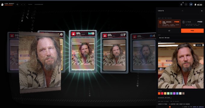 A digital trading card marketplace interface (SCP.AMAZET) displaying a rare holographic card of a bearded man, with a creator panel showing the card's pricing on the right.