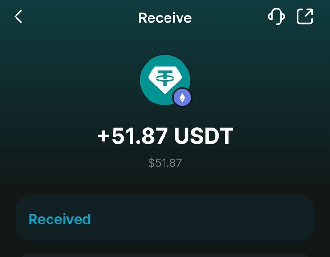 A cryptocurrency wallet app screen showing a successful receipt of +51.87 USDT, displayed with a Tether logo and a "Received" confirmation.