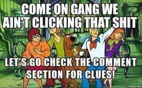 A Scooby-Doo meme with text reading 'COME ON GANG WE AIN'T CLICKING THAT SHIT' and 'LET'S GO CHECK THE COMMENT SECTION FOR CLUES!'