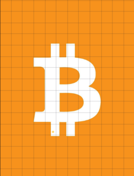 A stylized image of the Bitcoin (BTC) logo in cream color set against an orange gridded background.