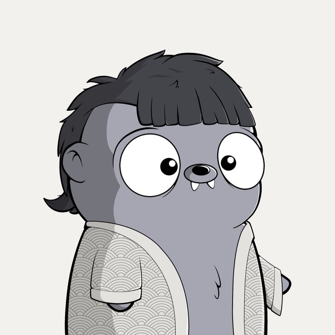 A cartoon illustration of a character with gray skin, large white eyes, small fangs, dark hair, and an open patterned robe.