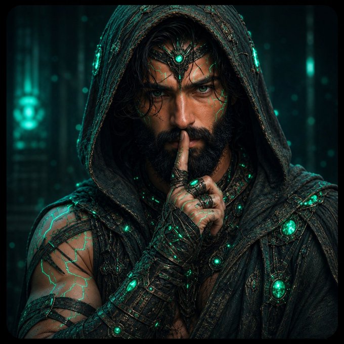 A hooded, bearded figure with glowing teal runes across his skin and a matching gem on his forehead holds a finger to his lips in a "shh" gesture, set against a dark, mystical background with floating teal particles. The image embodies the post's message of quiet, focused persistence in Web3, symbolizing the silent, deliberate work of builders who continue learning and creating behind the scenes without seeking attention or hype.