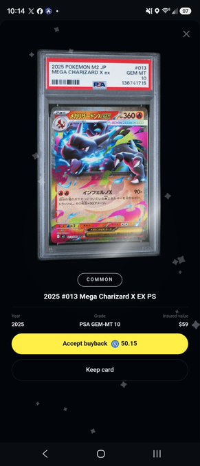 A PSA-graded Pokémon card listing showing a 2025 Mega Charizard X EX card (GEM-MT 10) with an insured value of $59 and buyback option of 50.15.