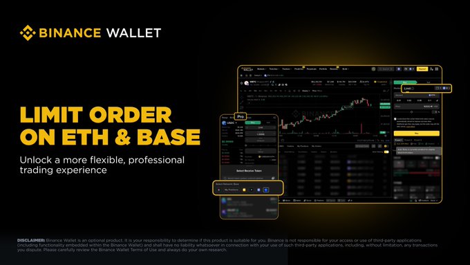 A Binance Wallet promotional graphic featuring the text "LIMIT ORDER ON ETH & BASE" and the tagline "Unlock a more flexible, professional trading experience," alongside screenshots of the Binance Wallet's trading interface displaying a "Limit" order option and candlestick chart, directly advertising the new limit order feature on ETH and Base networks.