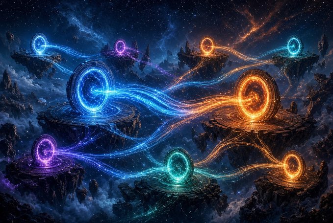 A cosmic scene of glowing portals on floating islands connected by streams of energy, symbolizing the unification of fixed-rate lending and AI-driven execution in a seamless, multichain DeFi experience.