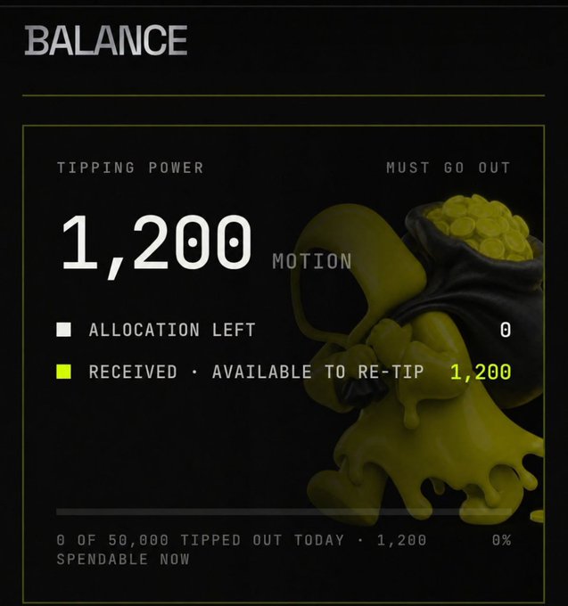 A digital interface showing 'BALANCE' with 'TIPPING POWER 1,200' and 'RECEIVED · AVAILABLE TO RE-TIP 1,200' alongside a stylized green and gold melting figure illustration.
