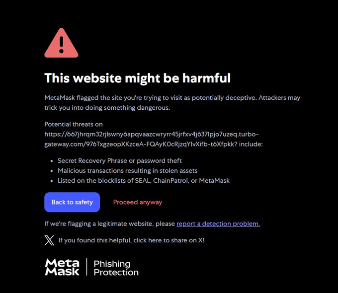 A MetaMask warning page displays "This website might be harmful," flagging the Turbo-gateway URL as a potential security threat due to risks of secret recovery phrase theft, malicious transactions, and blacklisting. The warning appears when accessing an Arweave-hosted NFT on OpenSea, illustrating the collateral impact on legitimate Arweave content due to threat actors exploiting the gateway.