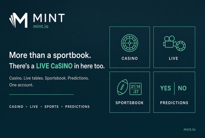 A promotional banner for 'mint.io' highlighting their offerings with the tagline 'More than a sportbook. There's a LIVE CaSINO in here too.' alongside icons for Casino, Live, Sportsbook, and Predictions.