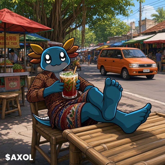 An illustration of a blue axolotl character wearing a patterned shirt and relaxing on a bamboo bench while drinking a beverage, with '$AXOL' text in the corner.