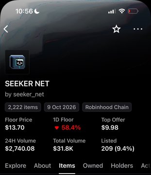 Mobile screenshot of a Robinhood Chain NFT collection called 'SEEKER NET' by seeker_net with 2,222 items, listed on 9 Oct 2026, showing a floor price of $13.70, 24H volume of $2,740.08, and top offer of $9.98 with a 58.4% drop.