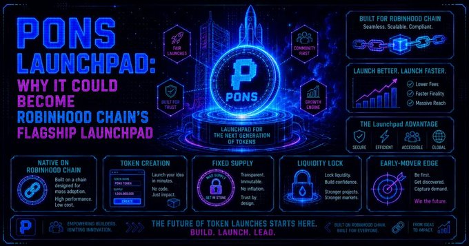 A vibrant blue and purple promotional graphic for PONS Launchpad, described as 'the launchpad for the next generation of tokens,' native on Robinhood Chain with features like token creation, fixed supply, liquidity lock, and early-mover edge.