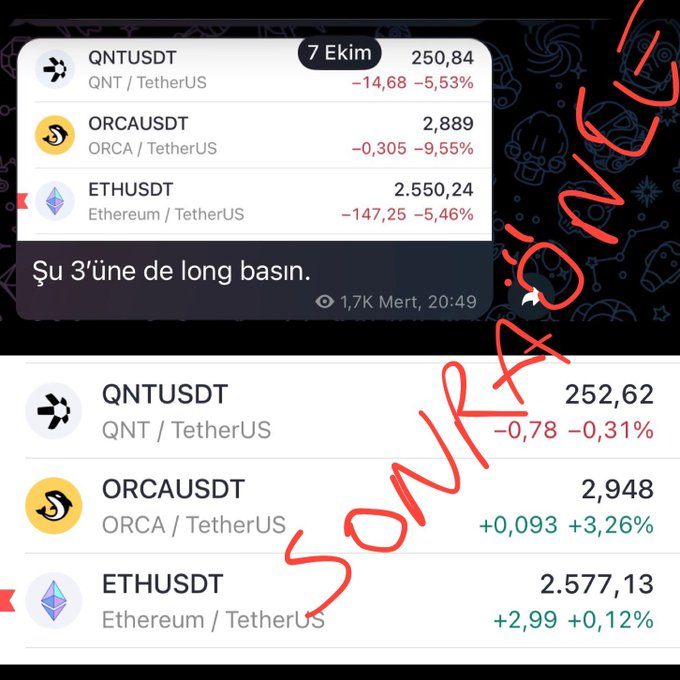 The image shows a Telegram trading signal from October 7th recommending long positions on QNT/USDT, ORCA/USDT, and ETH/USDT at prices of 250.84, 2.889, and 2,550.24 respectively, with a follow-up screenshot at 06:32 displaying updated values showing modest gains on ORCA (+3.26%) and ETH (+0.22%), illustrating the small profit mentioned by the poster after the trades played out.