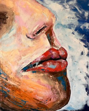 The image features a painting of a person's face, with a focus on their lips and mouth area. The artist has used oil paint for this portrait, giving it an artistic touch. The colors used are predominantly warm tones, which adds depth and dimension to the artwork. The background is painted in shades of blue, providing a contrast that makes the subject stand out even more. The painting captures a moment of stillness or quietude, as indicated by the phrase "Silence This painting captures a moment of my deepest silence— a place where words rest on my lips but remain unspoken".