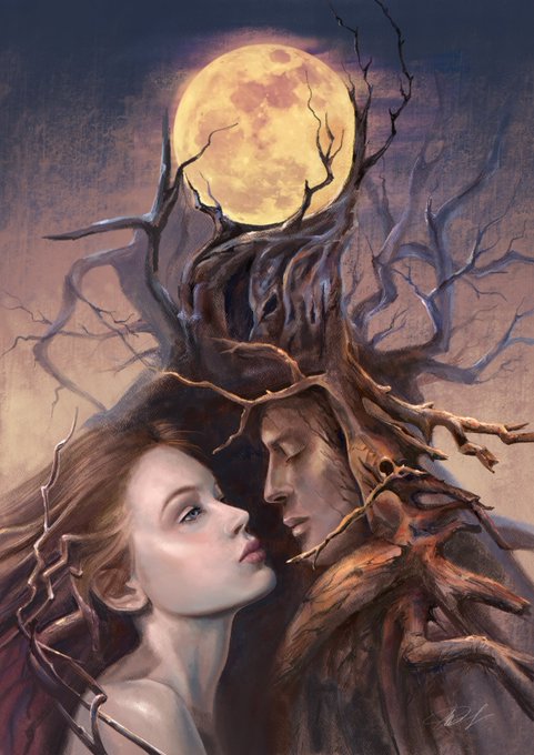 A fantasy illustration showing a woman and a man emerging from intertwined, gnarled tree branches beneath a glowing full moon against a dusky sky.