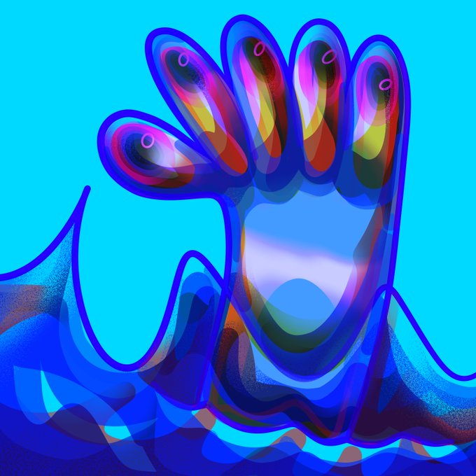 A vibrant digital illustration of a hand reaching upward against a turquoise background, rendered in shades of blue with colorful pink, yellow, and red accents in the fingertips.