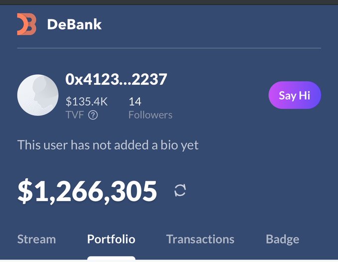 The image shows a DeBank profile for wallet address 0x4123...2237 displaying a Total Value of $1,266,305, TVF of $135.4K, and 14 followers, with the Portfolio tab currently selected. This portfolio view supports the post's observation of quiet, consistent accumulation activity by highlighting the substantial holdings of a whale wallet that has been steadily adding to its position.