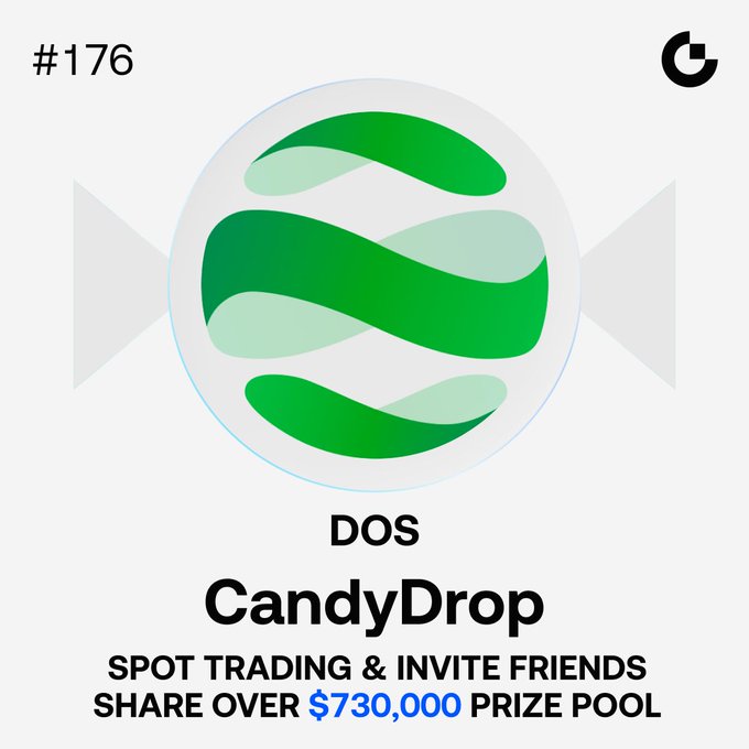 A promotional graphic for DOS CandyDrop event #176 featuring a green striped sphere logo, advertising a $730,000+ prize pool for spot trading and friend referrals on dappOS.