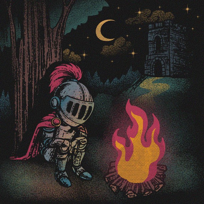 An illustration shows a sad knight in armor with a pink plume sitting by a campfire under a crescent moon, with a stone tower in the background.
