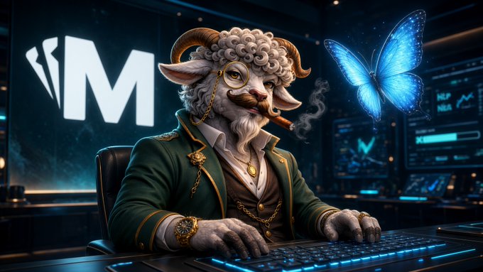A stylized digital illustration of an anthropomorphic sheep with curled horns, glasses, and a mustache smoking a cigar while typing on a glowing keyboard, accompanied by a blue butterfly and an 'IM' logo in the background.