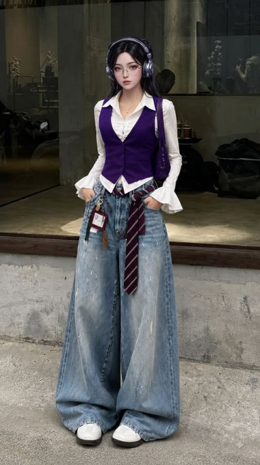 A person in an edgy, layered fashion outfit with a purple vest, oversized distressed jeans, a loose tie, glasses, and headphones, standing on a sidewalk.