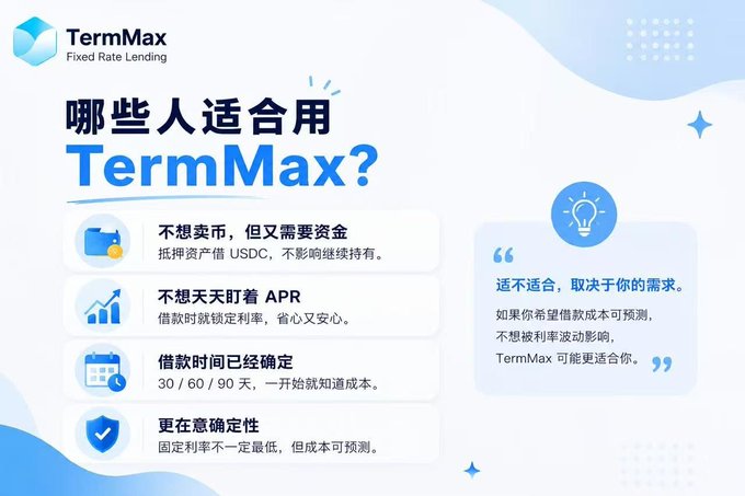 This image is a marketing graphic for TermMax (Fixed Rate Lending) titled "哪些人适合用 TermMax？" (Who is TermMax suitable for?), listing four user profiles it targets: those who want to borrow funds without selling their USDC holdings, those who don't want to constantly monitor APR, borrowers with fixed terms (30/60/90 days), and those who value certainty over getting the lowest possible rate. A sidebar quote notes "适不适合，取决于你的需求" (Whether it suits you depends on your needs), reinforcing the post's message about choosing lending protocols based on personal requirements rather than just interest rates.