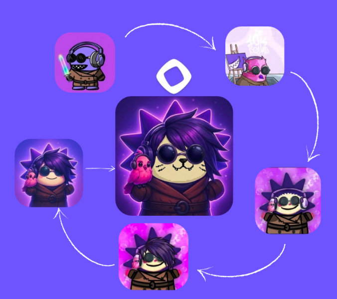 The image features a cartoon character wearing sunglasses and holding a bird. The character appears to be a cat, with a purple background that matches its fur color. There are five different versions of this cartoon character displayed in various positions around the image. Each version has a unique pose or expression, showcasing the versatility of the character. The post also mentions an account named "X" and an online identity called "PFP", which could be related to the cartoon character's digital representation on social media platforms.