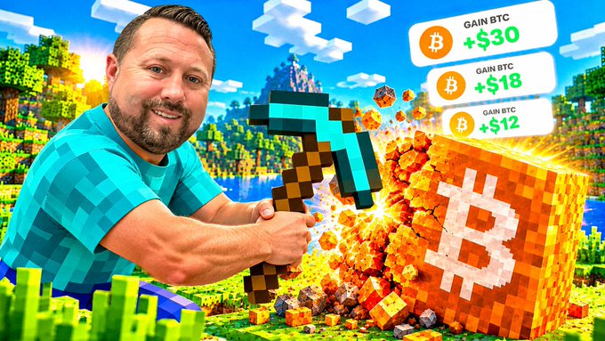 A man in a Minecraft-style avatar swings a pixelated pickaxe at a large orange Bitcoin block, with floating "GAIN BTC" notifications showing +$30, +$18, and +$12, promoting his beginner's guide to Bitcoin mining on YouTube (youtu.be/c5-zMbdHLzE).