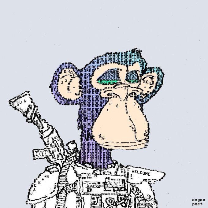 A pixel-art style illustration depicts a stylized figure holding a rifle, with text elements like 'DROP', 'BORED', 'GUN', and 'WELCOME' embedded in the design, signed 'degen poet' in the corner.