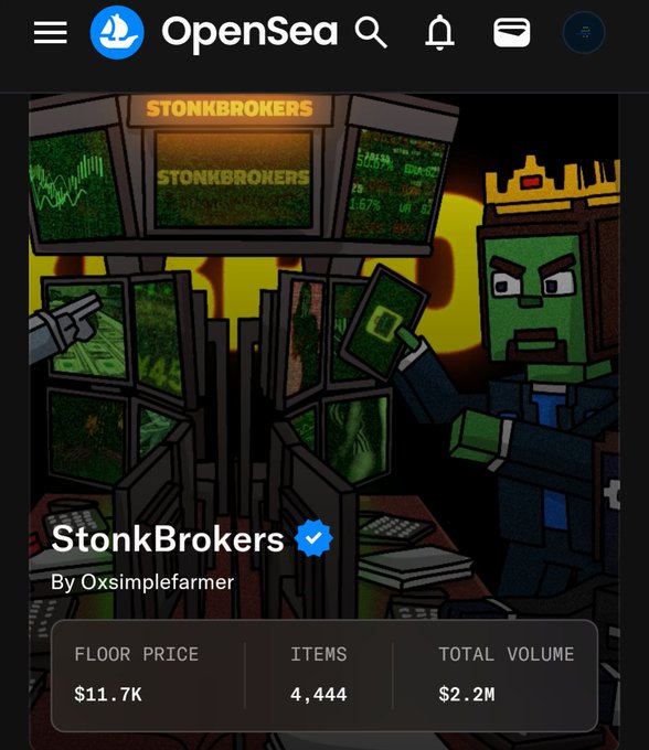 An OpenSea NFT collection page for 'StonkBrokers By Oxsimplefarmer' with a floor price of $11.7K and total volume of $2.2M.
