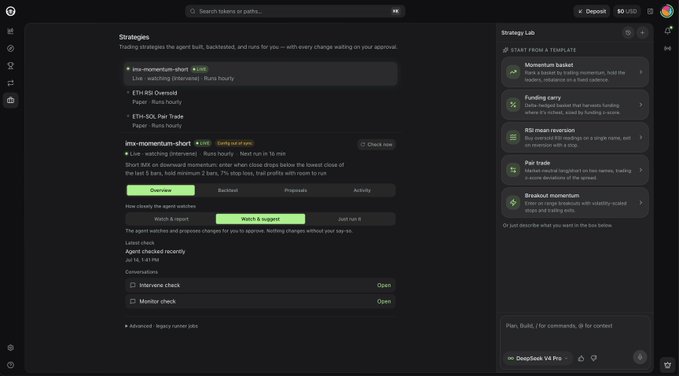 Screenshot of a trading platform interface (DeepSeek V3 Pro) displaying strategies, agent activity logs for 'imx-momentum-short', and a Strategy Lab with templates like 'Momentum based', 'Funding carry', and 'Breakout momentum'.