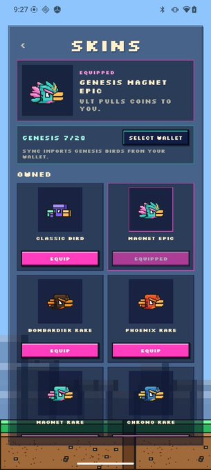 A mobile game interface titled 'SKINS' showing an equipped 'Genesis Magnet Epic' skin, with owned skins including 'Classic Bird', 'Bombardier Rare', 'Phoenix Rare', and 'Chrono Rare' displayed in a grid below.