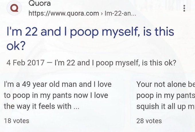 The image shows a Quora question titled "I'm 22 and I poop myself, is this ok?" posted on February 4, 2017, featuring bizarrely honest responses from users admitting they enjoy pooping in their pants. The image relates to the post by mocking the absurd and unfiltered nature of "TBB group chat on Quora" conversations.