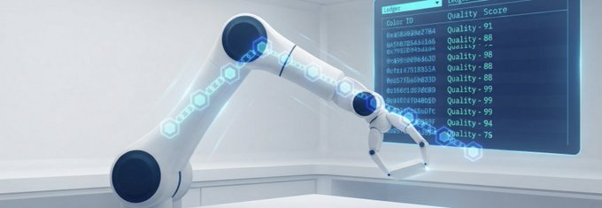 A white robotic arm in a futuristic setting points toward a digital screen displaying a 'Quality Score' table with columns for 'Color ID' and 'Quality Score' ranging from 75 to 99.