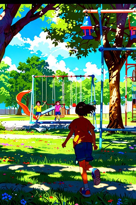 An anime-style illustration depicts a child running toward a playground where other kids play on swings and a slide under a bright sky.