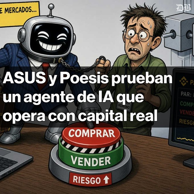 A cartoon illustration showing a robot labeled 'HUMANO' chained to a nervous human, with a 'COMPRAR/VENDER' (Buy/Sell) button and Spanish text about ASUS and Poesis testing an AI agent with real capital.