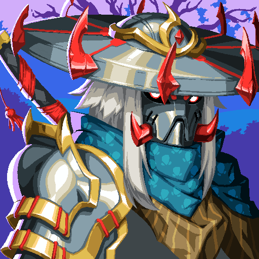 Anime-style pixel art illustration of a masked warrior wearing ornate samurai-inspired armor with red horns, a wide-brimmed hat, and a blue scarf.