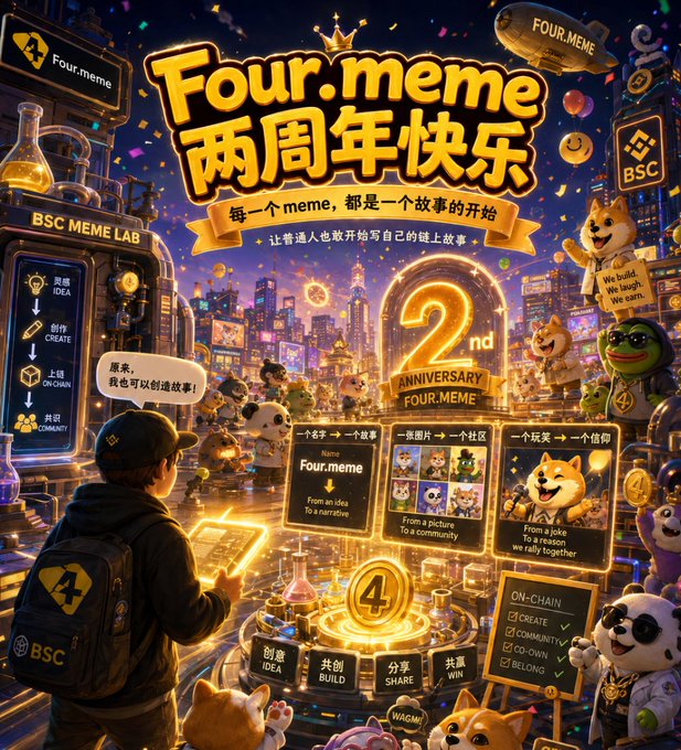 A promotional graphic for 'Four.meme 两周年快乐' (Two Year Anniversary) by BSC MEME LAB, featuring the tagline '每一个 meme, 都是一个故事的开始' (Every meme is the beginning of a story).
