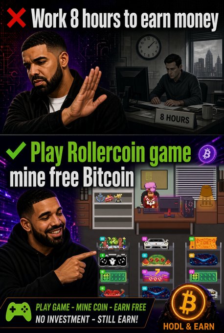 A two-panel meme using the "Drake" format rejecting "Work 8 hours to earn money" and approving the "Rollercoin game" to "mine free Bitcoin," with the text "PLAY GAME - MINE COIN - EARN FREE NO INVESTMENT - STILL EARN!" and "HODL & EARN".