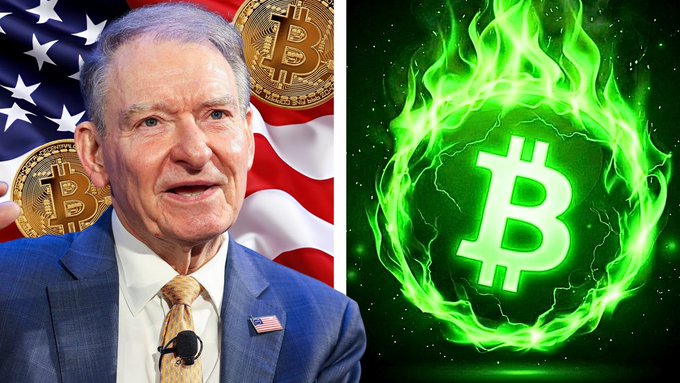A composite image showing an older man in a suit with Bitcoin coins on the left, and a Bitcoin logo engulfed in green flames on the right.